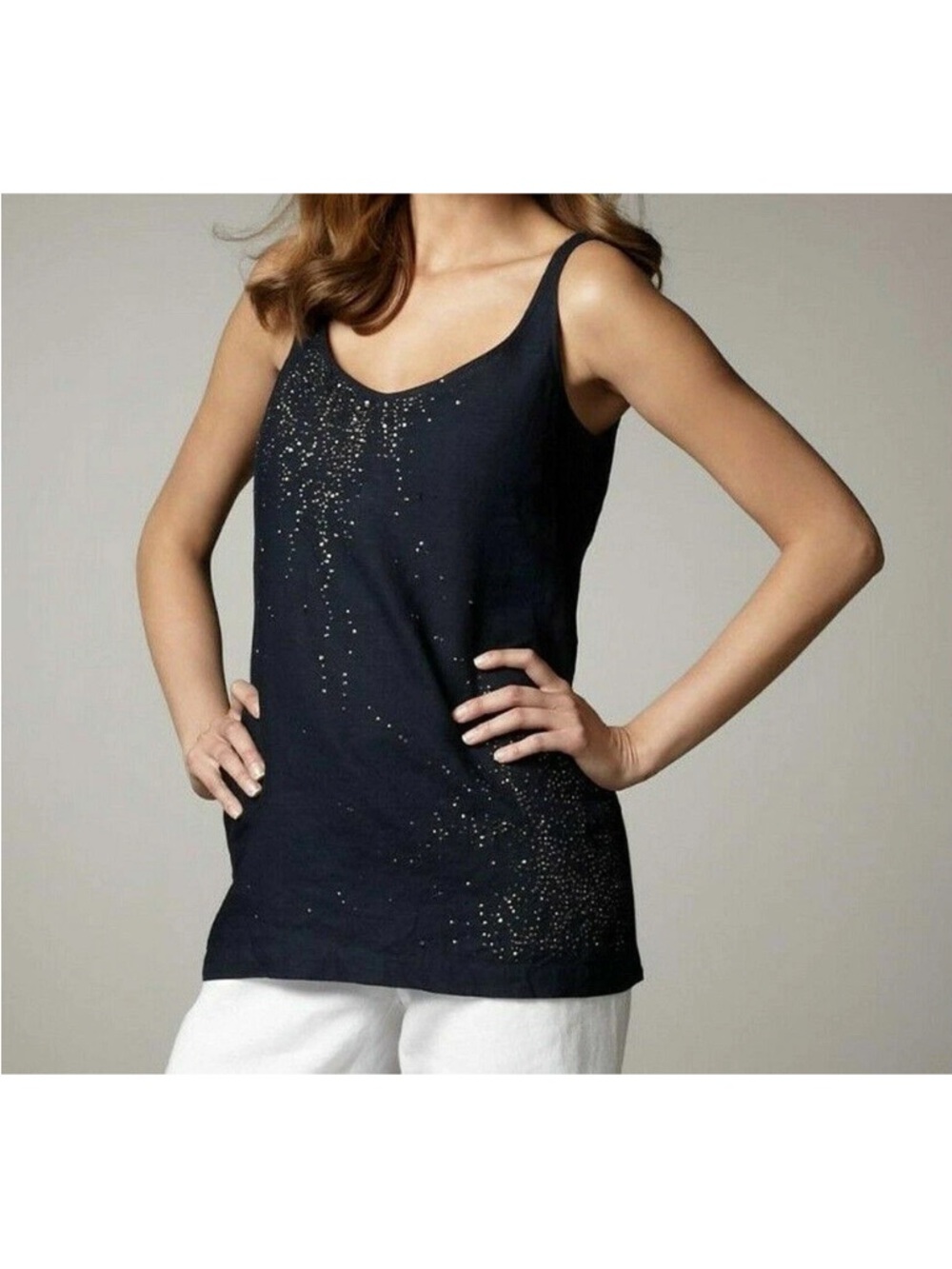 EILEEN FISHER Evening Blue Irish Linen Sequin V-Neck Sleeveless Tank Top Sz M
